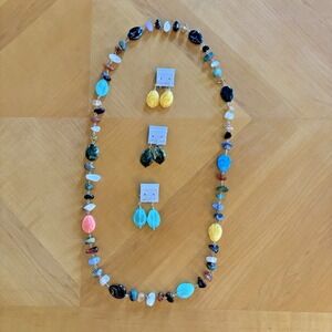 Handmade Multi Gemstone Beaded Necklace w/ 3 Matching Drop Earrings Set Boho Art